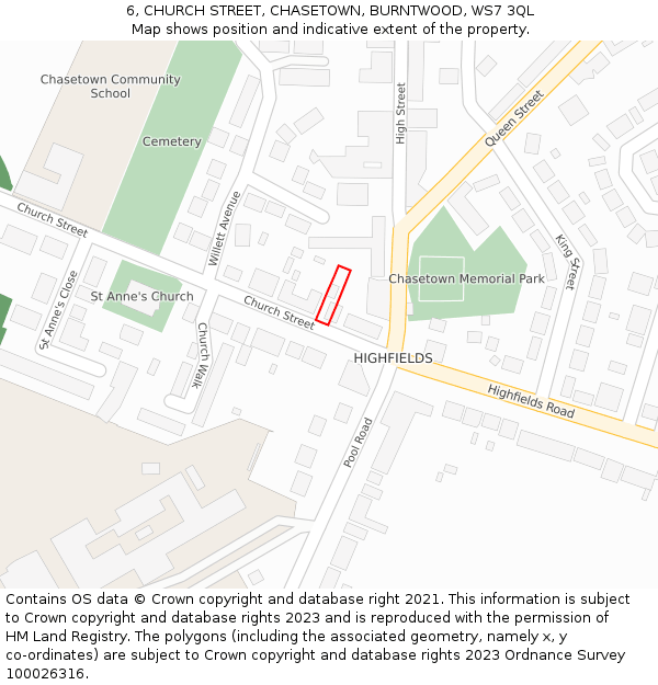 6, CHURCH STREET, CHASETOWN, BURNTWOOD, WS7 3QL: Location map and indicative extent of plot