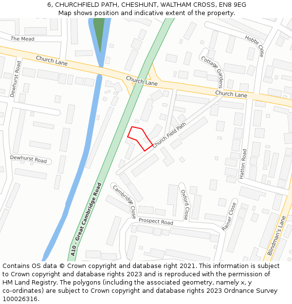6, CHURCHFIELD PATH, CHESHUNT, WALTHAM CROSS, EN8 9EG: Location map and indicative extent of plot