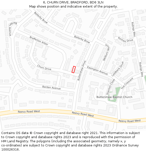 6, CHURN DRIVE, BRADFORD, BD6 3LN: Location map and indicative extent of plot