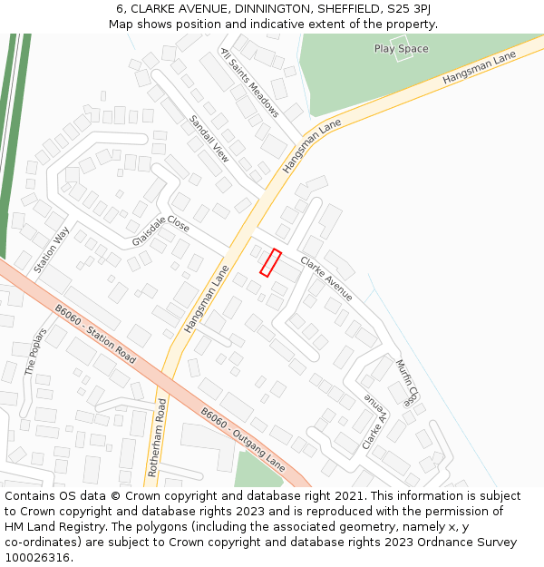 6, CLARKE AVENUE, DINNINGTON, SHEFFIELD, S25 3PJ: Location map and indicative extent of plot