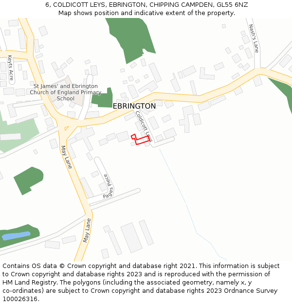 6, COLDICOTT LEYS, EBRINGTON, CHIPPING CAMPDEN, GL55 6NZ: Location map and indicative extent of plot