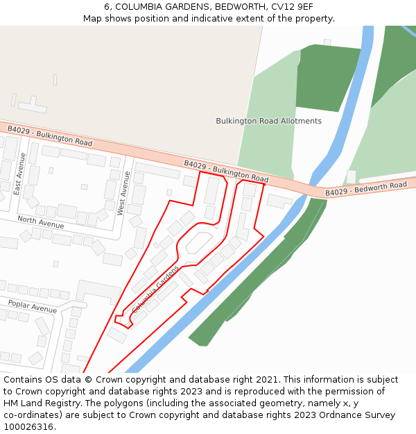 6, COLUMBIA GARDENS, BEDWORTH, CV12 9EF: Location map and indicative extent of plot