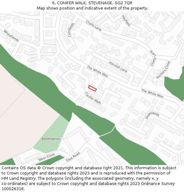 6, CONIFER WALK, STEVENAGE, SG2 7QR: Location map and indicative extent of plot