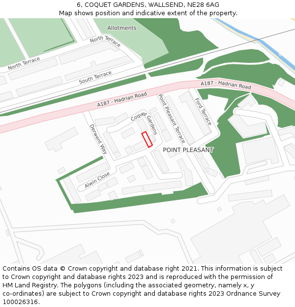 6, COQUET GARDENS, WALLSEND, NE28 6AG: Location map and indicative extent of plot