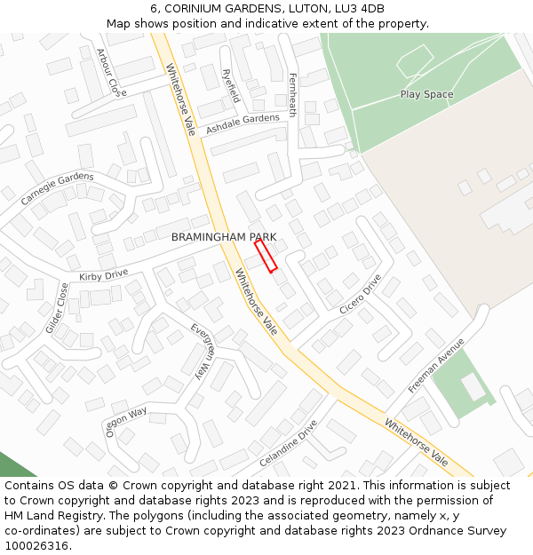 6, CORINIUM GARDENS, LUTON, LU3 4DB: Location map and indicative extent of plot