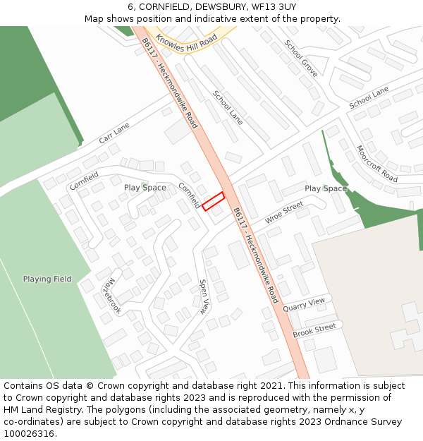 6, CORNFIELD, DEWSBURY, WF13 3UY: Location map and indicative extent of plot