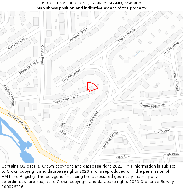 6, COTTESMORE CLOSE, CANVEY ISLAND, SS8 0EA: Location map and indicative extent of plot