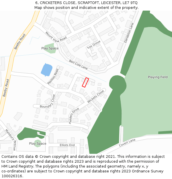 6, CRICKETERS CLOSE, SCRAPTOFT, LEICESTER, LE7 9TQ: Location map and indicative extent of plot