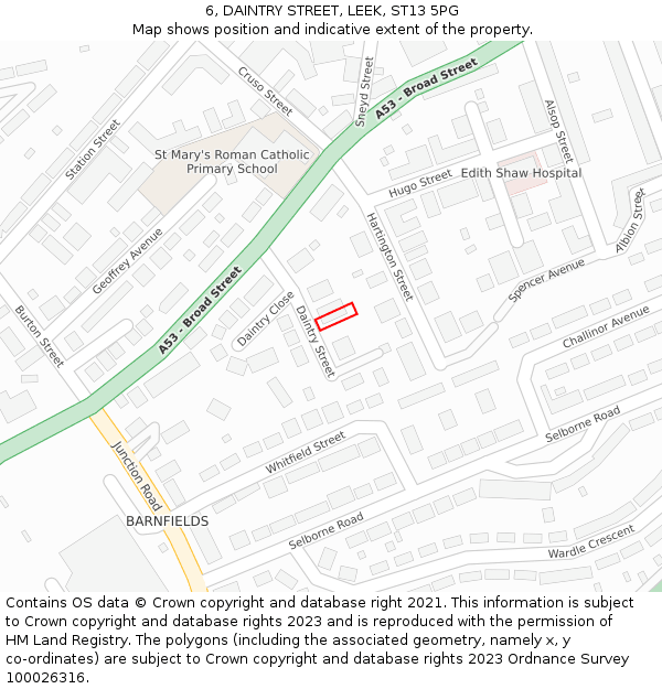 6, DAINTRY STREET, LEEK, ST13 5PG: Location map and indicative extent of plot