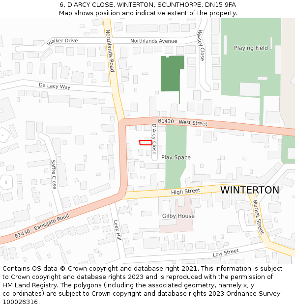 6, D'ARCY CLOSE, WINTERTON, SCUNTHORPE, DN15 9FA: Location map and indicative extent of plot