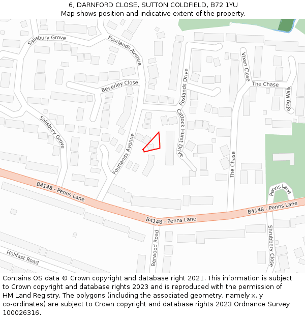 6, DARNFORD CLOSE, SUTTON COLDFIELD, B72 1YU: Location map and indicative extent of plot