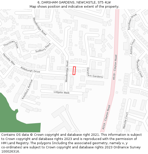 6, DARSHAM GARDENS, NEWCASTLE, ST5 4LW: Location map and indicative extent of plot