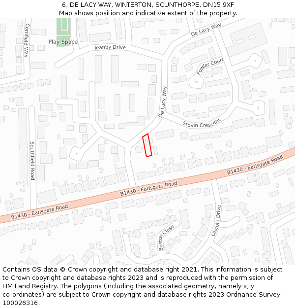 6, DE LACY WAY, WINTERTON, SCUNTHORPE, DN15 9XF: Location map and indicative extent of plot