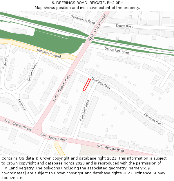 6, DEERINGS ROAD, REIGATE, RH2 0PH: Location map and indicative extent of plot