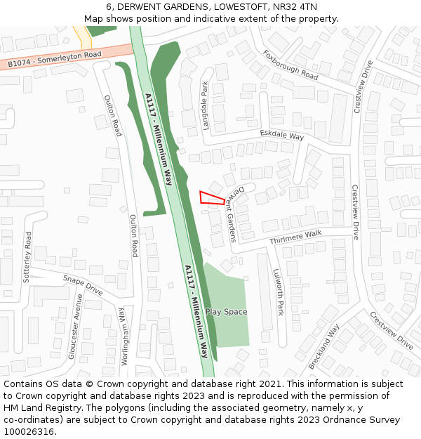 6, DERWENT GARDENS, LOWESTOFT, NR32 4TN: Location map and indicative extent of plot