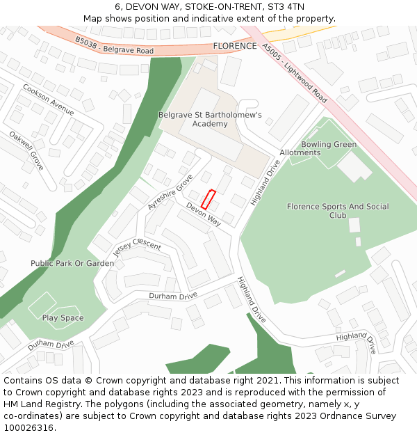 6, DEVON WAY, STOKE-ON-TRENT, ST3 4TN: Location map and indicative extent of plot