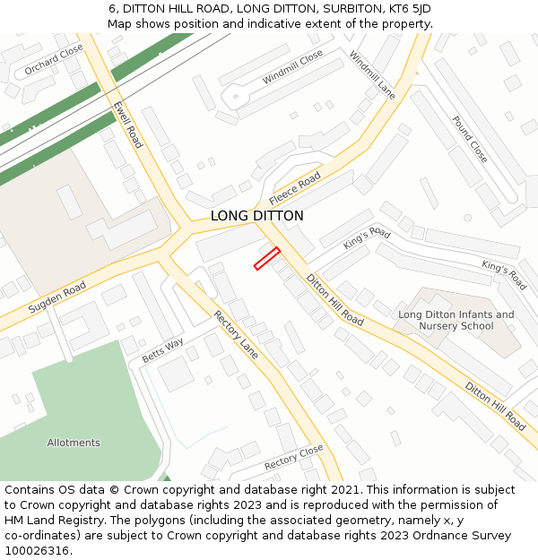 6, DITTON HILL ROAD, LONG DITTON, SURBITON, KT6 5JD: Location map and indicative extent of plot
