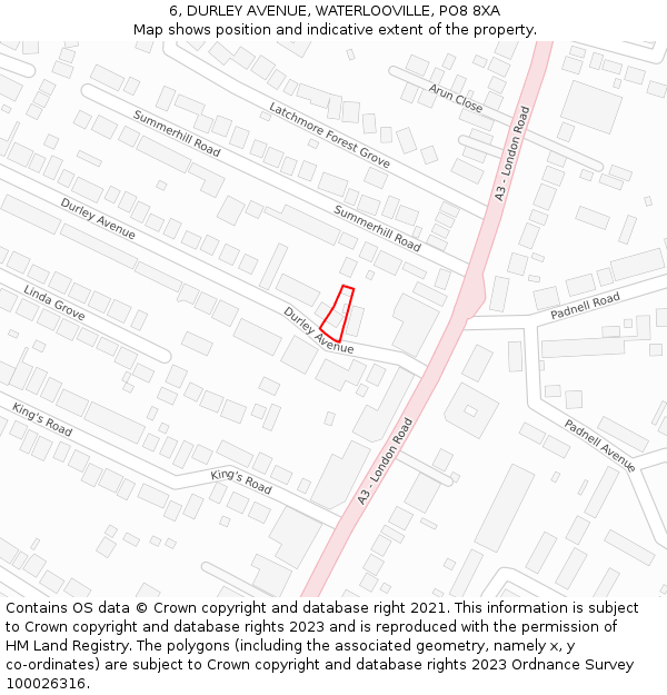 6, DURLEY AVENUE, WATERLOOVILLE, PO8 8XA: Location map and indicative extent of plot