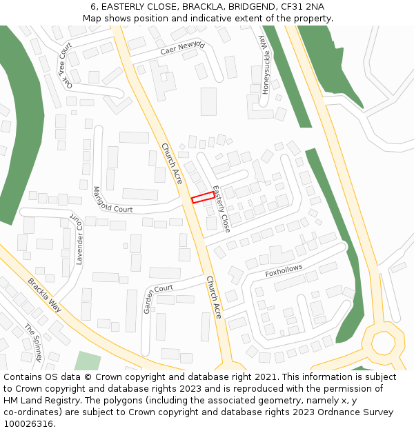 6, EASTERLY CLOSE, BRACKLA, BRIDGEND, CF31 2NA: Location map and indicative extent of plot