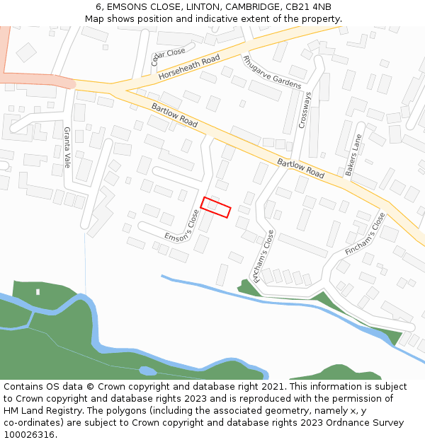 6, EMSONS CLOSE, LINTON, CAMBRIDGE, CB21 4NB: Location map and indicative extent of plot