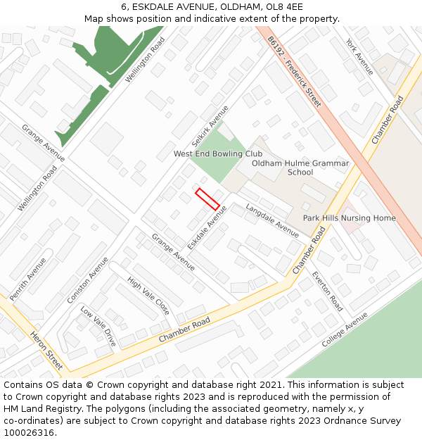 6, ESKDALE AVENUE, OLDHAM, OL8 4EE: Location map and indicative extent of plot