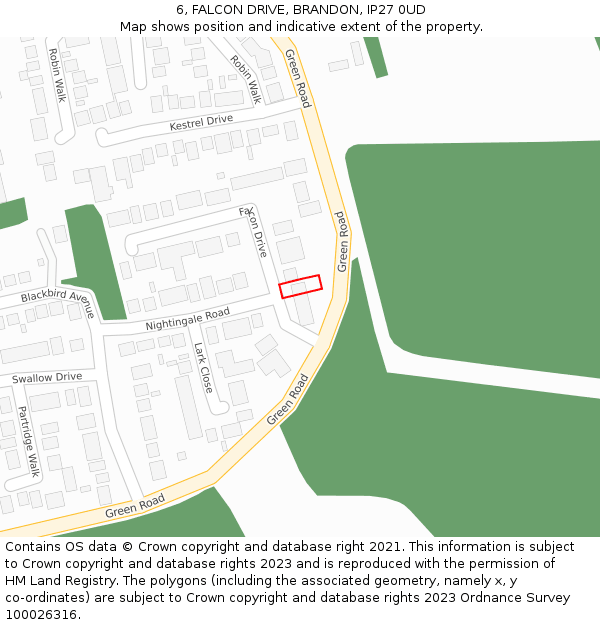 6, FALCON DRIVE, BRANDON, IP27 0UD: Location map and indicative extent of plot