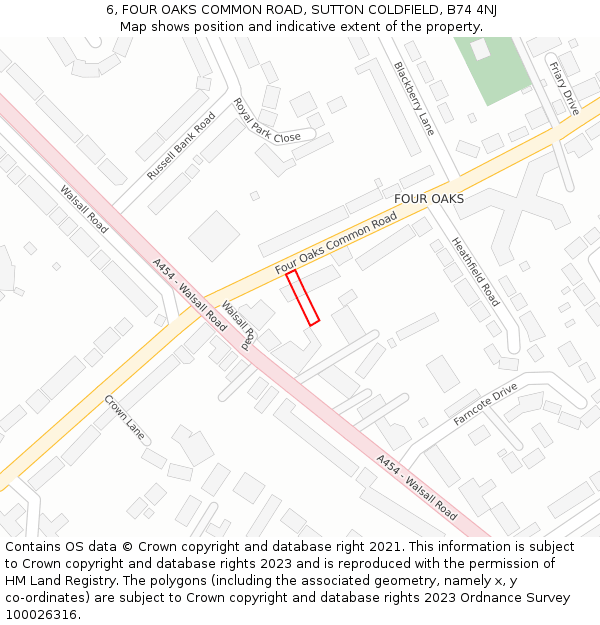 6, FOUR OAKS COMMON ROAD, SUTTON COLDFIELD, B74 4NJ: Location map and indicative extent of plot