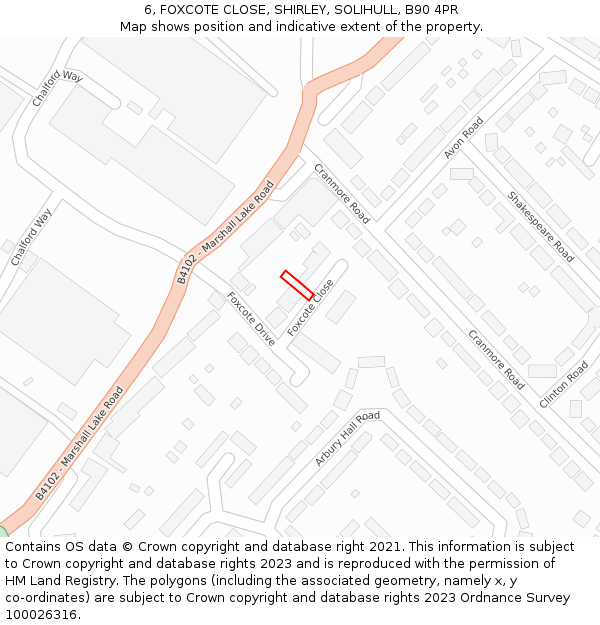 6, FOXCOTE CLOSE, SHIRLEY, SOLIHULL, B90 4PR: Location map and indicative extent of plot
