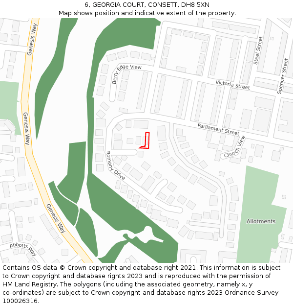 6, GEORGIA COURT, CONSETT, DH8 5XN: Location map and indicative extent of plot