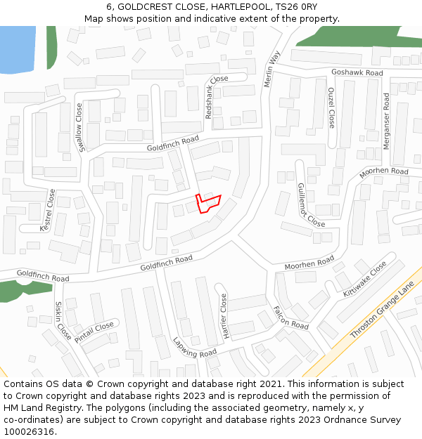 6, GOLDCREST CLOSE, HARTLEPOOL, TS26 0RY: Location map and indicative extent of plot