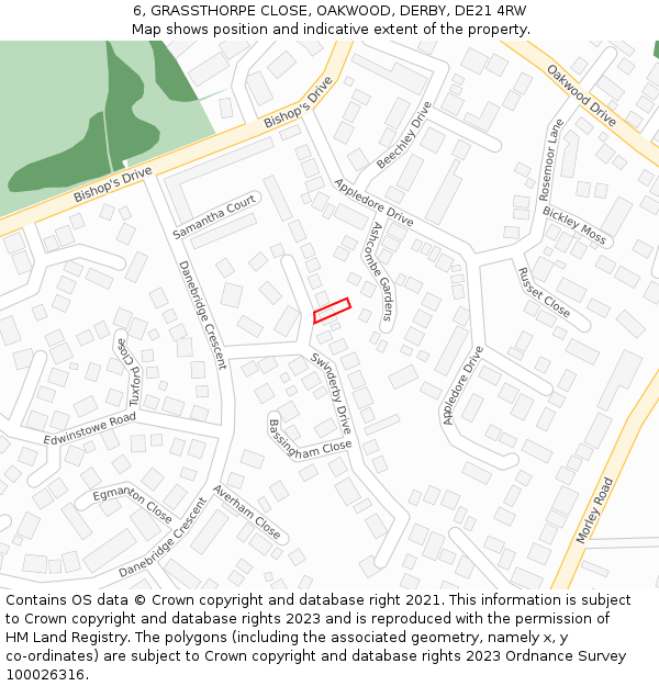 6, GRASSTHORPE CLOSE, OAKWOOD, DERBY, DE21 4RW: Location map and indicative extent of plot