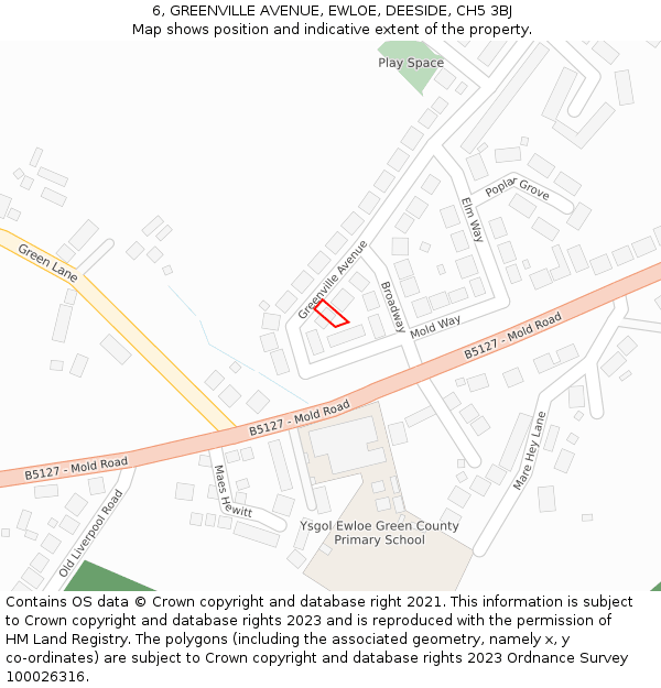 6, GREENVILLE AVENUE, EWLOE, DEESIDE, CH5 3BJ: Location map and indicative extent of plot