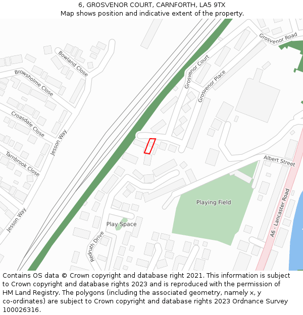 6, GROSVENOR COURT, CARNFORTH, LA5 9TX: Location map and indicative extent of plot