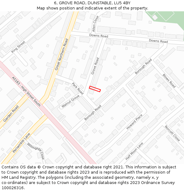 6, GROVE ROAD, DUNSTABLE, LU5 4BY: Location map and indicative extent of plot