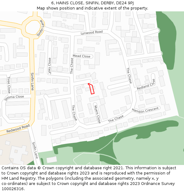 6, HAINS CLOSE, SINFIN, DERBY, DE24 9PJ: Location map and indicative extent of plot