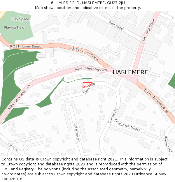 6, HALES FIELD, HASLEMERE, GU27 2JU: Location map and indicative extent of plot
