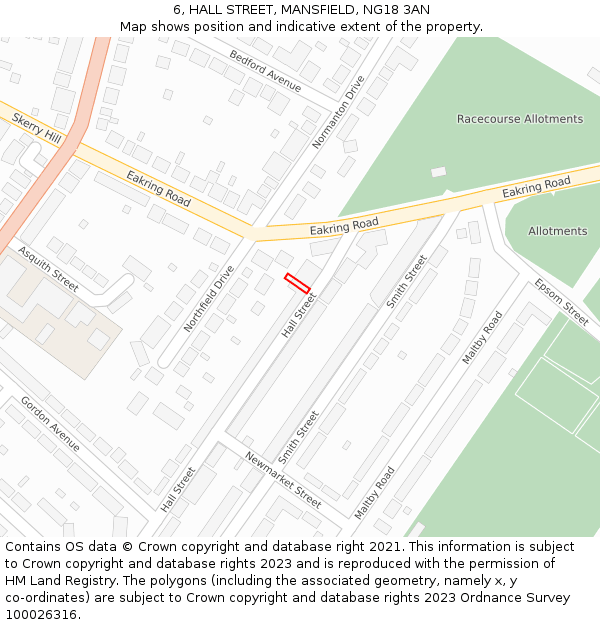 6, HALL STREET, MANSFIELD, NG18 3AN: Location map and indicative extent of plot