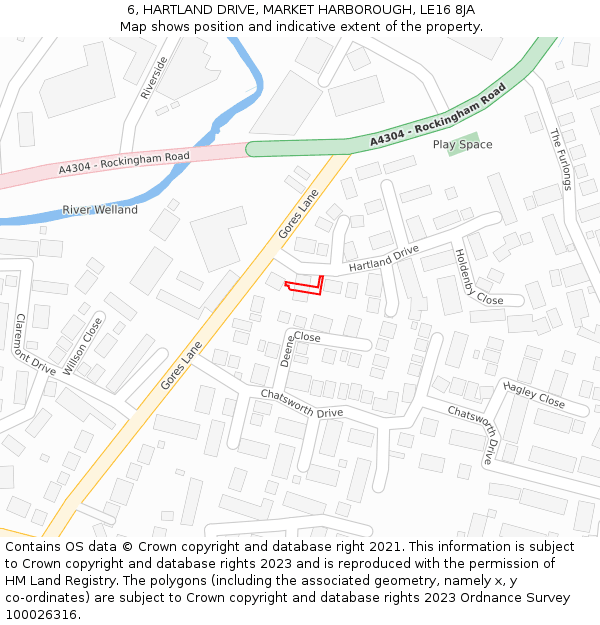 6, HARTLAND DRIVE, MARKET HARBOROUGH, LE16 8JA: Location map and indicative extent of plot