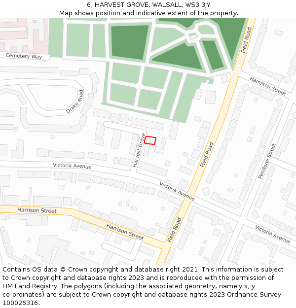 6, HARVEST GROVE, WALSALL, WS3 3JY: Location map and indicative extent of plot