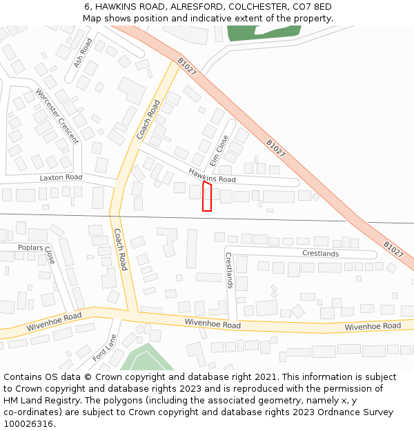 6, HAWKINS ROAD, ALRESFORD, COLCHESTER, CO7 8ED: Location map and indicative extent of plot