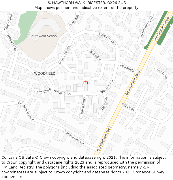 6, HAWTHORN WALK, BICESTER, OX26 3US: Location map and indicative extent of plot