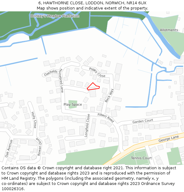 6, HAWTHORNE CLOSE, LODDON, NORWICH, NR14 6UX: Location map and indicative extent of plot