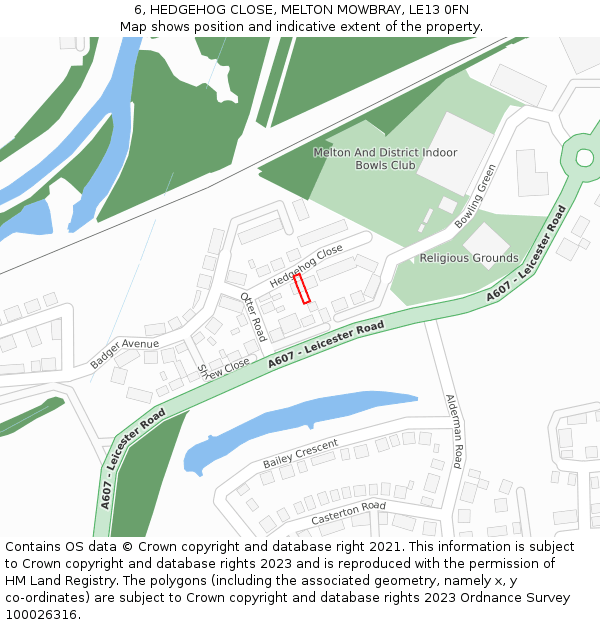 6, HEDGEHOG CLOSE, MELTON MOWBRAY, LE13 0FN: Location map and indicative extent of plot