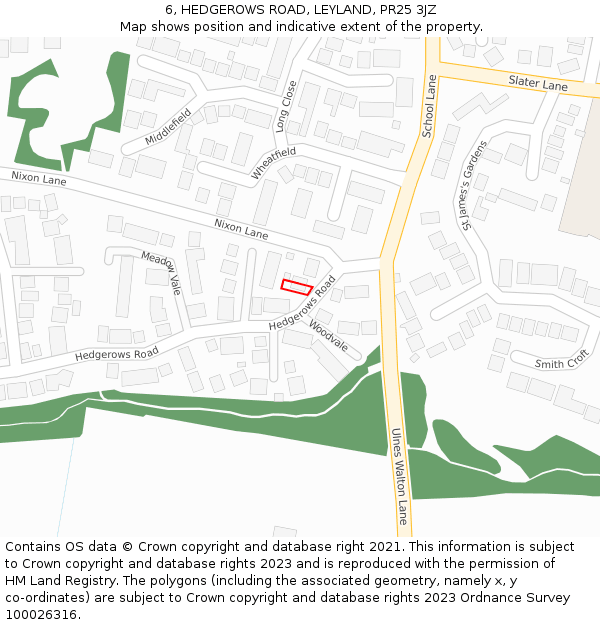 6, HEDGEROWS ROAD, LEYLAND, PR25 3JZ: Location map and indicative extent of plot