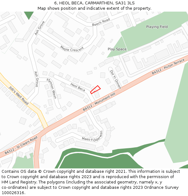 6, HEOL BECA, CARMARTHEN, SA31 3LS: Location map and indicative extent of plot
