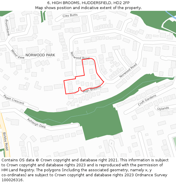 6, HIGH BROOMS, HUDDERSFIELD, HD2 2FP: Location map and indicative extent of plot
