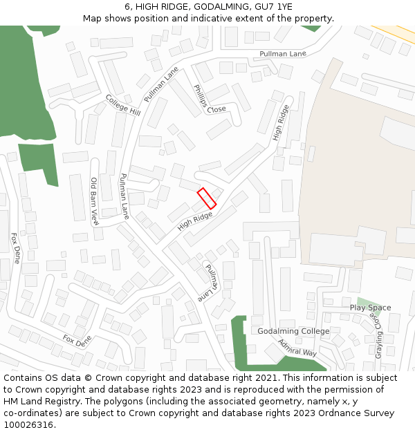 6, HIGH RIDGE, GODALMING, GU7 1YE: Location map and indicative extent of plot