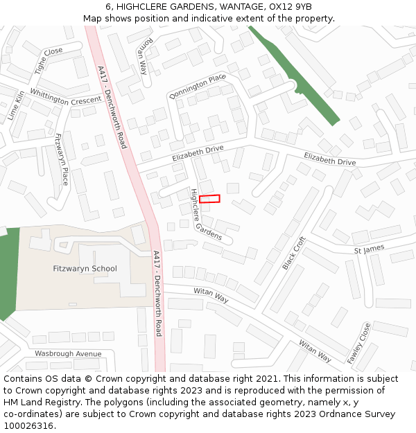 6, HIGHCLERE GARDENS, WANTAGE, OX12 9YB: Location map and indicative extent of plot