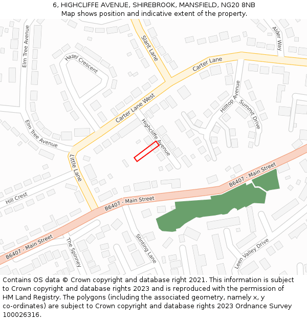 6, HIGHCLIFFE AVENUE, SHIREBROOK, MANSFIELD, NG20 8NB: Location map and indicative extent of plot