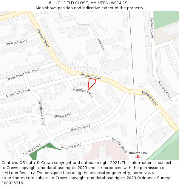 6, HIGHFIELD CLOSE, MALVERN, WR14 1SH: Location map and indicative extent of plot
